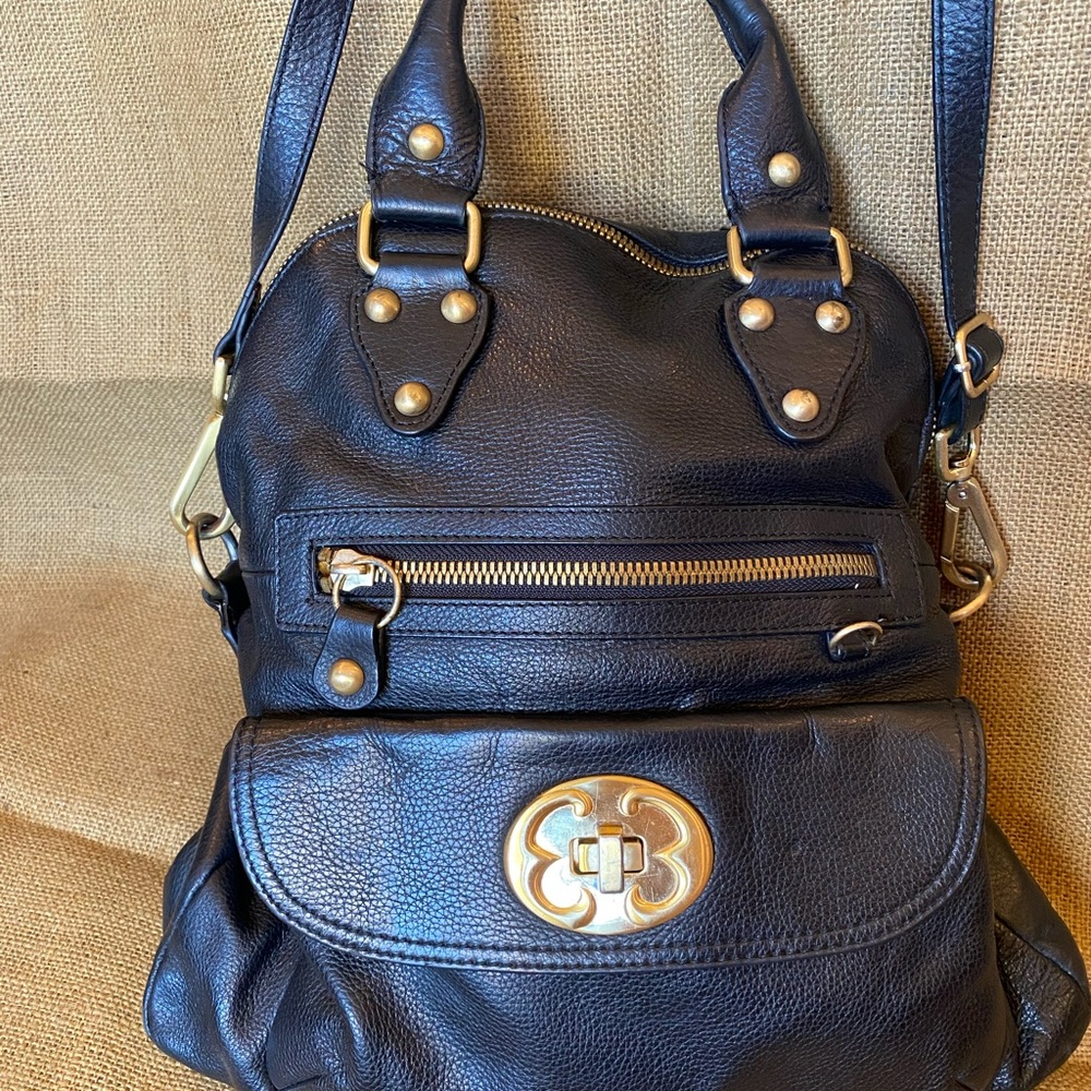 Emma Fox Black Leather Satchel Crossbody /fold over handbag